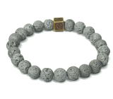 Lava grey silver plated with royal mantra Om, bracelet elastic natural stone, ball 8 mm / 16-17 cm, born of the four elements