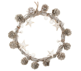 White wreath with pine cones and stars 19 cm