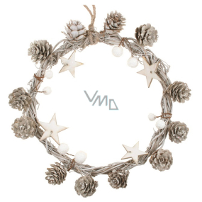 White wreath with pine cones and stars 19 cm