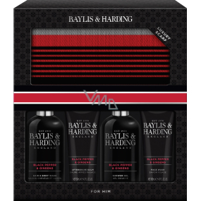 Baylis & Harding Men Black Pepper and Ginseng Body and Hair Cleansing Gel 300 ml + Shower Gel 300 ml + After Shave Balm 130 ml + Face Cleansing Gel 130 ml + Scarf, Cosmetic Set