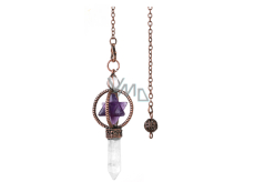 Amethyst Merkaba pendulum + clear quartz + bronze, natural stone pendant 7,7 cm, chain approx. 26,5 cm