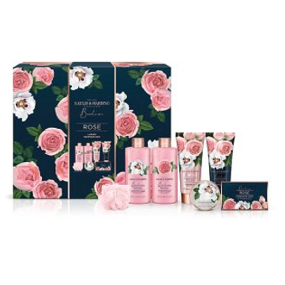 Baylis & Harding Fresh roses shower gel 300 ml + bath foam 300 ml + body and hand lotion 130 ml + washing gel 130 ml + toilet soap 100 g + bath crystals 100 g + washcloth, cosmetic set