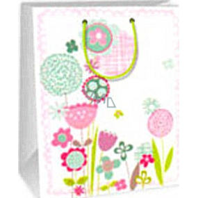 Ditipo Gift paper bag 26.4 x 13.7 x 32.4 cm white pink and green flowers