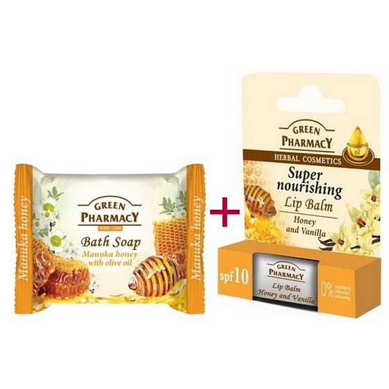 Green Pharmacy Honey and Vanilla lip balm 2 x 3,6 g + Manuka and Honey and Olive oil toilet soap 100 g, cosmetic set
