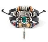 Leather multi-layer bracelet, owl + feather symbol, adjustable size