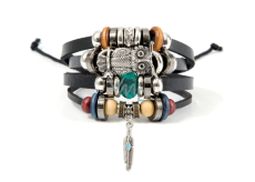 Leather multi-layer bracelet, owl + feather symbol, adjustable size