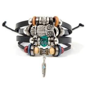 Leather multi-layer bracelet, owl + feather symbol, adjustable size