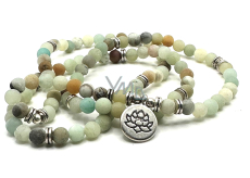 108 Mala Amazonite + Lotus necklace meditation jewelry, natural stone, ball 6 mm