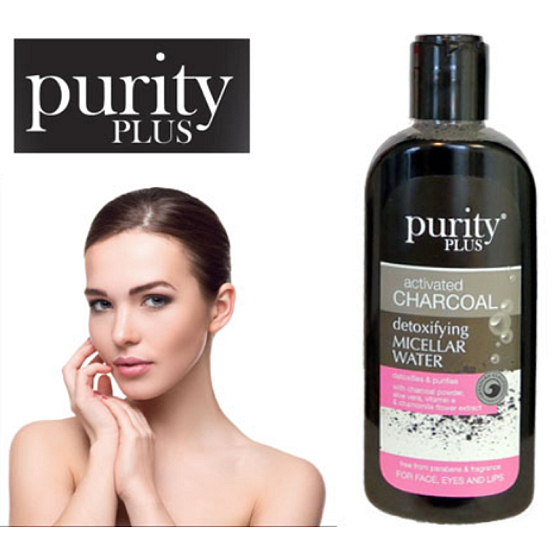 Purity Plus Charcoal Activated Carbon, Aloe Vera, Vitamin E and Chamomile Flower Extract Detoxifying and Cleansing Micellar Water for Face, Eyes and Lips 200 ml