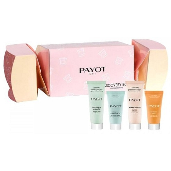 Payot Cracker Discovery Box Gommage Amande body scrub 25 ml + Hydra 24 Creme Glacee face cream 15 ml + Hydra 24 Corps body lotion 25 ml + My Payot Jour face cream 15 ml, travel size, cosmetic set