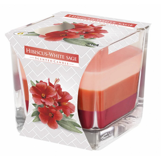 Emocio Hibiscus & White Sage - Hibiscus and white sage three-colour scented candle glass prism 80 x 80 mm, burning time up to 32 hours
