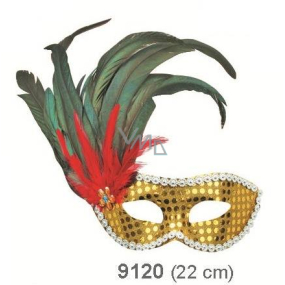 Gold masquerade mask with black feathers on the side 30 cm suitable for adults