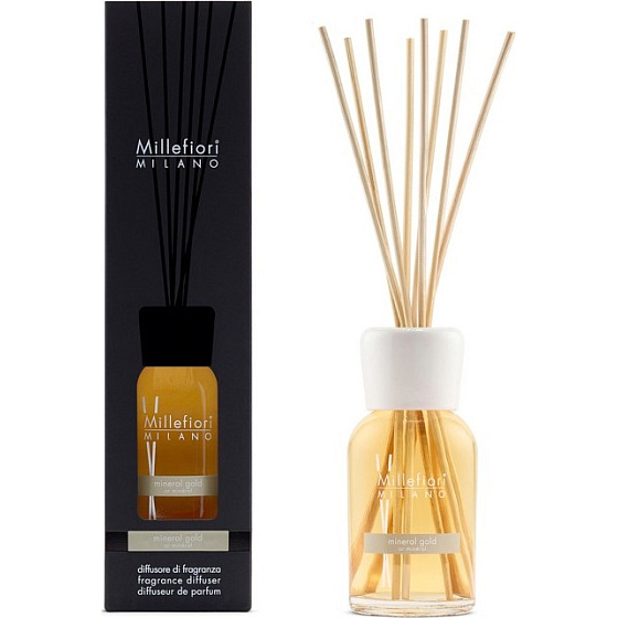 Millefiori Milano Natural Mineral Gold - Mineral Gold Diffuser 250 ml + 8 stalks 30 cm long for medium-sized spaces lasts at least 3 months