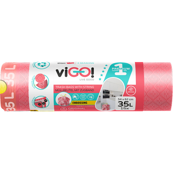 viGO! Premium Pull-up Trash Bags, Scented, 26 µ, 54 × 62 cm, 35 l, 15 pcs