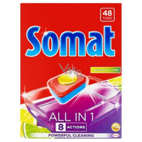 Somat All in 1 Lemon & Lime dishwasher tablets enriched with the strength of citric acid and help remove hardy dirt 48 pieces