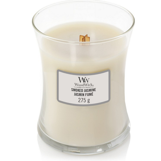 WoodWick Smoked Jasmine - Scented candle with a wooden wick and lid, glass medium 275 g