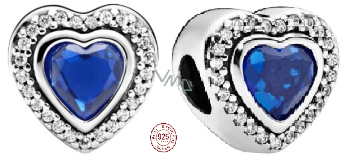 Charm Sterling silver 925 Heart with blue crystal, love bead on