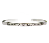 Stainless steel bracelet silver with engraving Love is patient..., open cuff, 4 mm