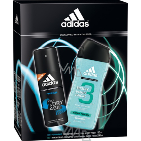 Adidas Cool & Dry Fresh antiperspirant deodorant spray 150 ml + Extra Fresh 3 in 1 shower gel for body, hair and face for men 250 ml, cosmetic set