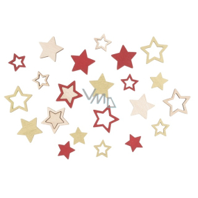 Wooden star red, gold and natural 2,5 cm 12 pieces + 3,5 cm 12 pieces