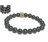 Agate black matt with royal mantra Ohm bracelet elastic natural stone, ball 8 mm / 16-17 cm, gives courage and strength