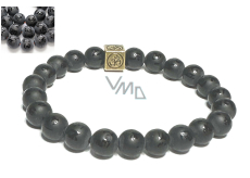 Agate black matt with royal mantra Ohm bracelet elastic natural stone, ball 8 mm / 16-17 cm, gives courage and strength