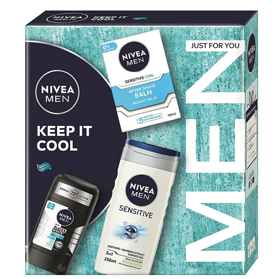 Nivea Men Keep it Cool Sensitive After Shave Balm 100 ml + Nivea Invisible Black & White Fresh Antiperspirant Stick 50 ml + Nivea Men Sensitive Shower Gel 250 ml, cosmetic set for men