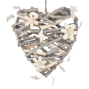 Heart from twigs with flowers and bow ties 24 cm