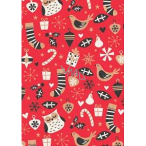 Ditipo Gift wrapping paper 70 x 200 cm Christmas KRAFT red owls socks gifts