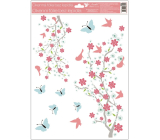 Window film without glue 2 branches pink flowers, blue butterflies with glitters 30 x 42 cm