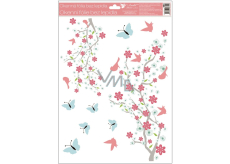 Window foil 2 branches pink flowers, blue butterflies with glitter 30 x 42 cm
