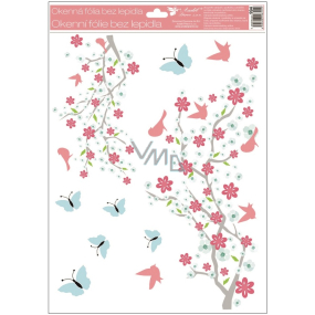 Window film without glue 2 branches pink flowers, blue butterflies with glitters 30 x 42 cm