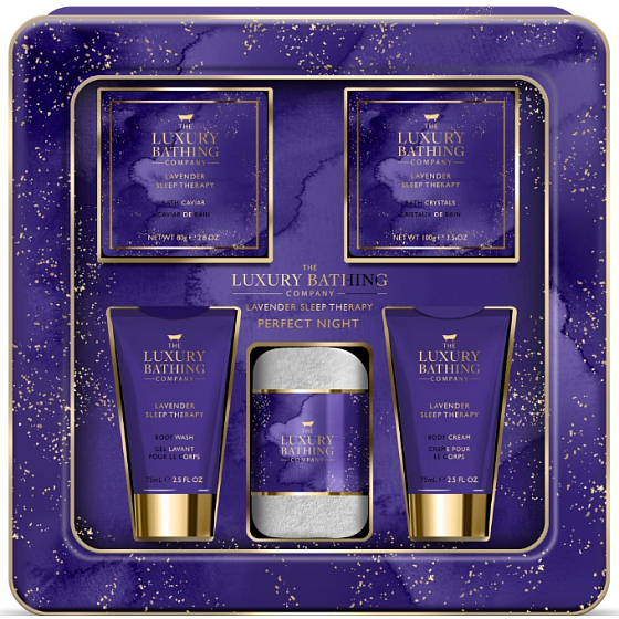 Grace Cole Lavender Sleep Therapy shower gel 75 ml + body cream 75 ml + bath crystals 100 g + bath pearls 80 g + flannel washcloth + tin box, cosmetic set for women