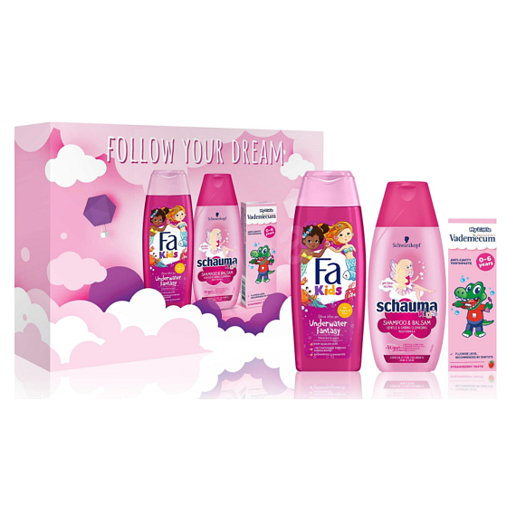 Fa Kids Mermaid shower gel 250 ml + Schauma Kids shampoo and hair conditioner 250 ml + Vademecum Junior Strawberry toothpaste for milk teeth 50 ml, cosmetic set for children
