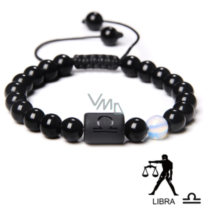Onyx Libra zodiac sign, natural stone bracelet, 8mm ball/ adjustable