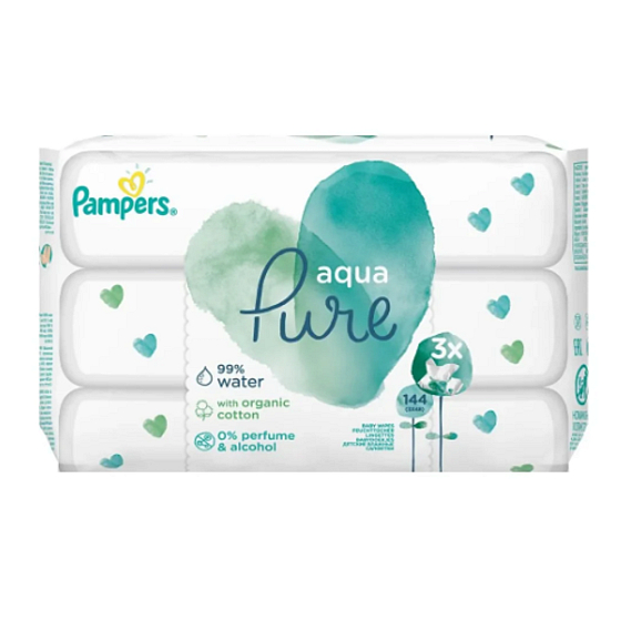 Pampers Pure Aqua wipes made from organic cotton, alcohol-free and fragrance-free for babies 3 x 48 pieces