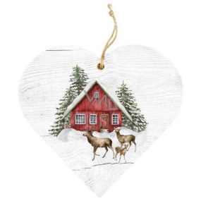 Bohemia Gifts Wooden decorative heart with print House and roe deer 12 cm