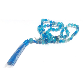 108 Mala Agate blue necklace, meditation jewelry, natural stone, elastic, tassel 8 cm, bead 6mm