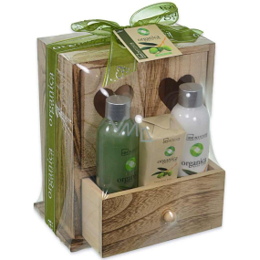Idc Institute Organica Olive Oil shower gel 120 ml + body lotion 120 ml + soap 90 g in a wooden box, cosmetic set