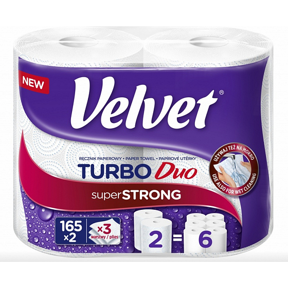 Velvet Turbo Duo Paper Towels 3-Ply, 165 Sheets, 36.3 m Roll, 2 Rolls