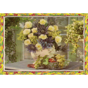 Nekupto Postcard Yellow roses with purple flowers