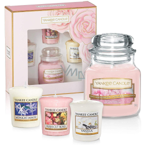 Yankee Candle Mothers Day - Mother's Day Blush Bouquet - Pink bouquet scented candle Classic small glass 104 g + Midnight Jasmine - Midnight Jasmine + Fresh Cut Roses - Fresh cut roses + Vanilla - Vanilla votive candle 3 x 49 g, gift set
