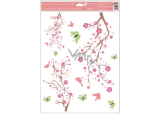 Window foil 3 branches pink flowers, green butterflies with glitter 30 x 42 cm
