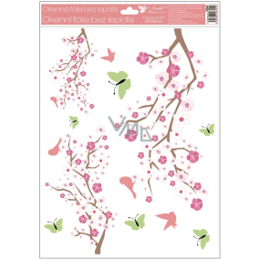 Window film without glue 3 branches pink flowers, green butterflies with glitters 30 x 42 cm