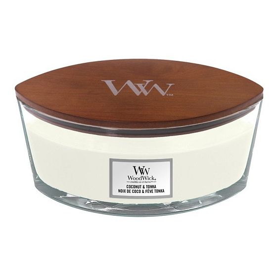 WoodWick Coconut & Tonka - Coconut and tonka beans scented candle with wooden wide wick and lid glass boat 453 g