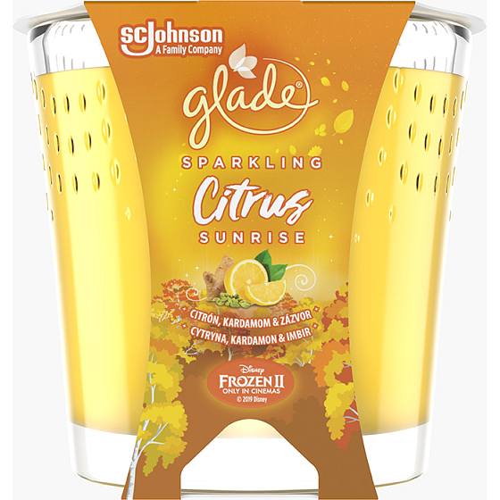 Glade Sparkling Citrus Sunrise with the scent of lemon, cardamom and ginger scented candle in a glass, burning time up to 32 hours 129 g