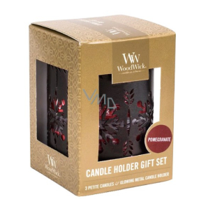 WoodWick Pomegranate - Pomegranate scented candle with wooden wick petite 3 x 31 g + Bronze snowflake candlestick gift set