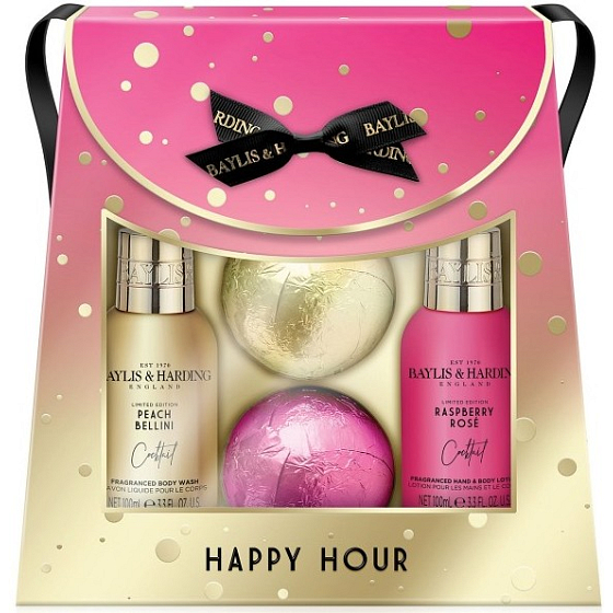 Baylis & Harding Cocktail Hour Peach Bellini Washing Gel 100 ml + Raspberry Rose Hand and Body Lotion 100 ml + Sparkling Ballistic Bath Ball 2 x 140 g, cosmetic set