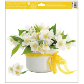 Okenní fólie bez lepidla květiny bílé v květináči 30 x 33,5 cm