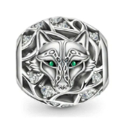 Charm Sterling silver 925 wolf, green eyes, bead on bracelet animal